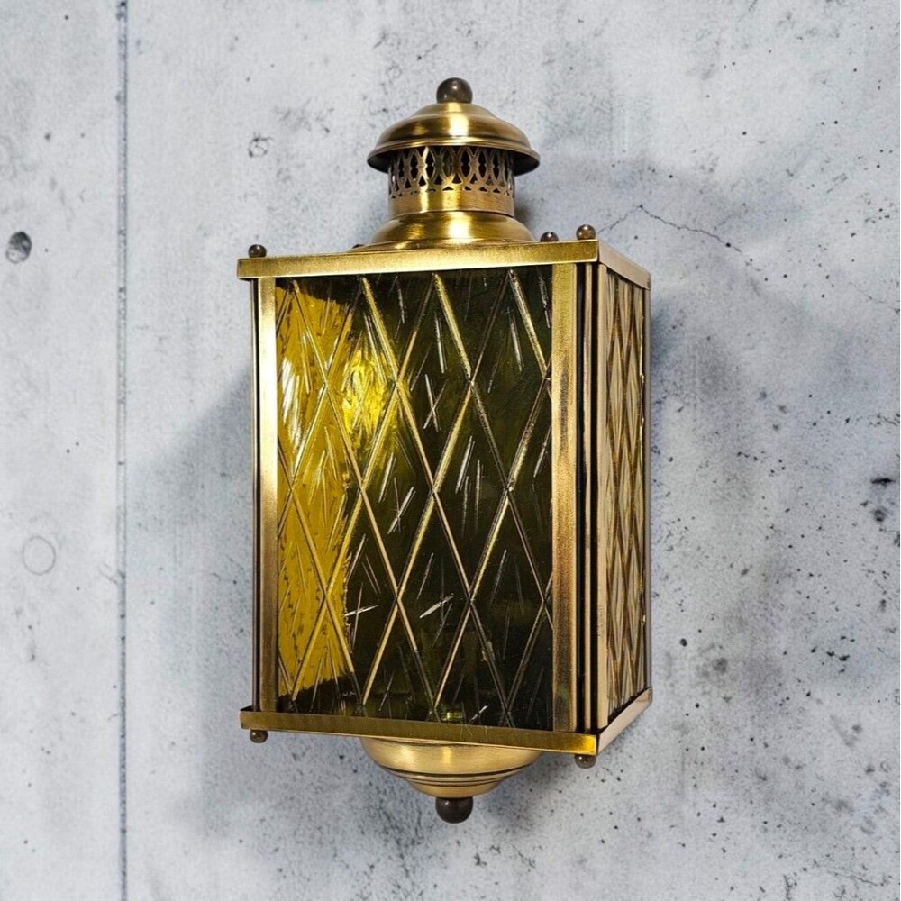 Vintage American Lantern Co Amber Diamond Glass Brass Wall Sconce Light Fixture